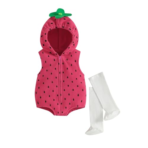 Madjtlqy Baby Halloween Costumes Toddler Girl Boy Fruit Outfits Clothes Hooded Romper Jumpsuit With Long Socks (Strawberry 12-18 Months)