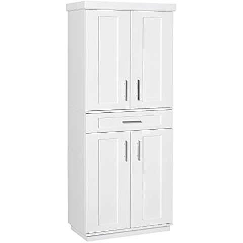 HOMCOM 72" Kitchen Pantry Cabinet, Freestanding Tall Storage Cabinet with 4 Doors, Drawer and 3 Adjustable Shelves for Dining Room, White Cover