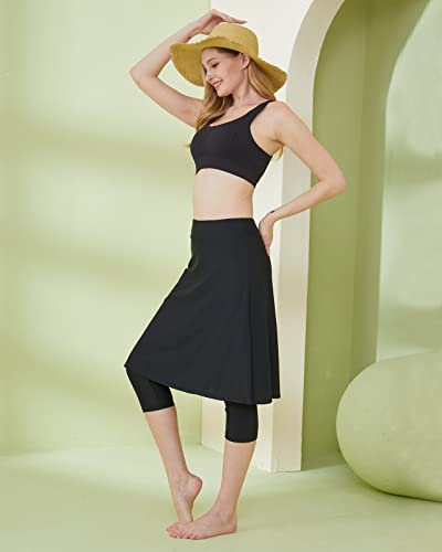 HonourSex Long Swim Skirt with Attached Leggings Swim Pants with Skirt Attached for Women High Waisted Skirted Swim Leggings Capris with Skirt Black XXL