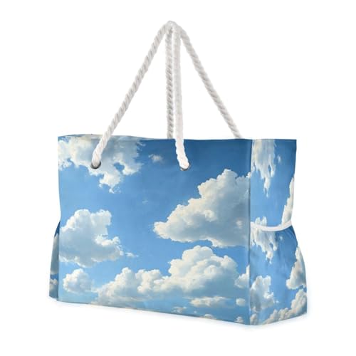 Blue Sky Clouds (1) Beach Bag & Travel Tote Bag Large Sandproof with Zipper Closure, Wet Pouch for Swim Gym Travel, Lightweight Foldable Outdoor Bag