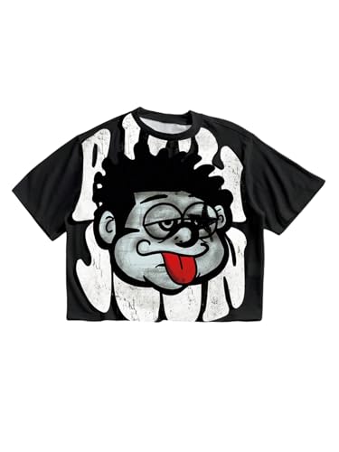 VIPWOLF Men's Cartoon Graphic Tee Shirts Y2K Short Sleeve Crew Neck Summer T-Shirt Black Cartoon Face Large