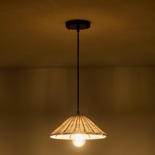 TERLEENART Hard Wired Rattan Pendant Lights Set of 2,Farmhouse Coastal Woven Wicker Ceiling Light with 10.65” Cone Shade, Boho Wired Mounted Hanging Chandelier for Bedroom Dining Room Kitchen Island by TERLEENART - Image 4