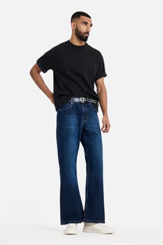 Image of SNITCH Men Flared Fit Jeans | Mid Rise Stone-Washed Denim with Raw Frayed Hem & 5-Pocket Design | 100% Cotton Woven Fabric for Casual & Everyday Wear
