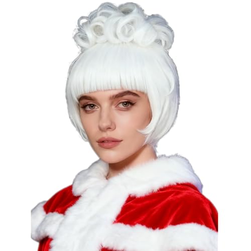 NiceLisa Fairy Godmother Curly White Wig Granny Mrs Claus Synthetic Fiber Dress Up Party Cosplay Costume Wigs