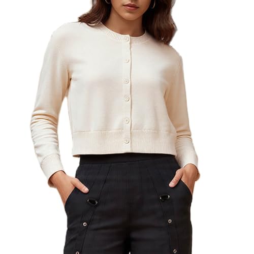 Cjfdfy Women's Cropped Cardigan Sweater Button Up Long Sleeve Crew Neck Knit Tops Trendy Fall Winter...