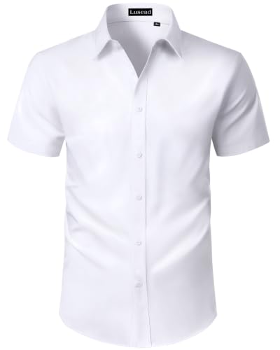 Lusead White Short Sleeve Dress Shirt Men Stain Shield Stretch Button Down Shirts Casual Formal Business Button Up Shirts
