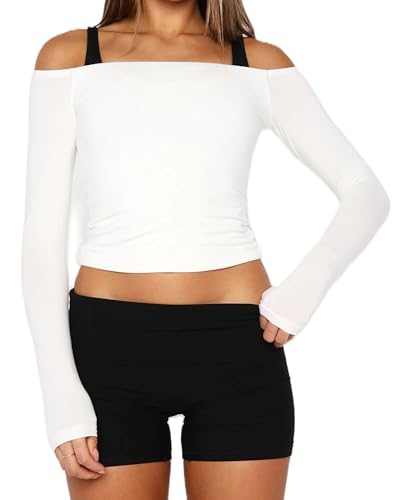 Image of Womens Off The Shoulder Tops Casual Solid Color Slim Fit Long Sleeve Basic Workout T-Shirt Y2K Going Out Crop Top Gym Yoga Shirts (A-White, S)