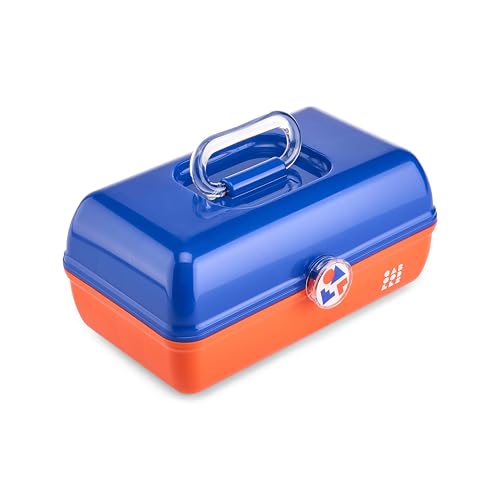 Image of Caboodles School Spirit On-The-Go Girl Makeup Box, Blue Over Orange, Hard Plastic Makeup Organizer Box, Built-In Mirror, Secure Latch for Safe Travel, Spacious Storage for Large Items