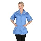 Womens Tunic Shirt Ladies Healthcare Doctor Nurse Uniform Beauty Salon Vet Workwear Medical Tunic Top Short Sleeve Zip Front Blouse Carer Clinic Hospital Revere Collar Twill Hospital Blue 16