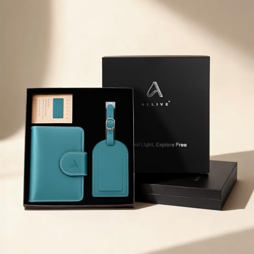 Image of ALLIVE RFID Passport Holder for Travel, Genuine Leather Passport Holder with AirTag Hidden Pocket, Travel Wallet for Women & Men, Gift Set with Luggage Tag in Premium Gift Box (Lake Blue)