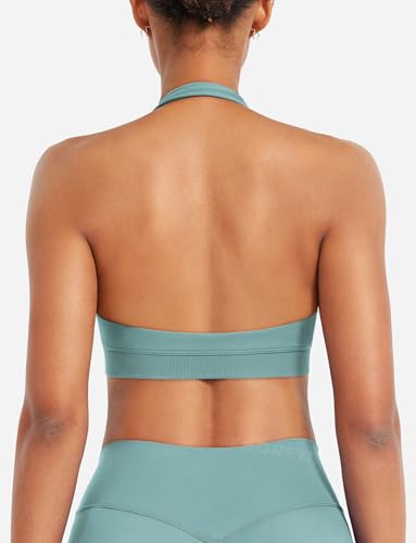Image of YEOREO CoreFlex Women Halter Sports Bra Workout Seamless Padded Basic Bra Open Back Yoga Gym Crop Top