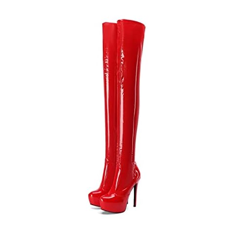 Platform Synthetic Patent Leather Red Stiletto Over The Knee Boot, Classic Sexy Thigh High Boot, Frankie Hsu Large Size Fashion Super High Heels Above The Knee High Boots For Women US5-15, Red, 5 UK Cover