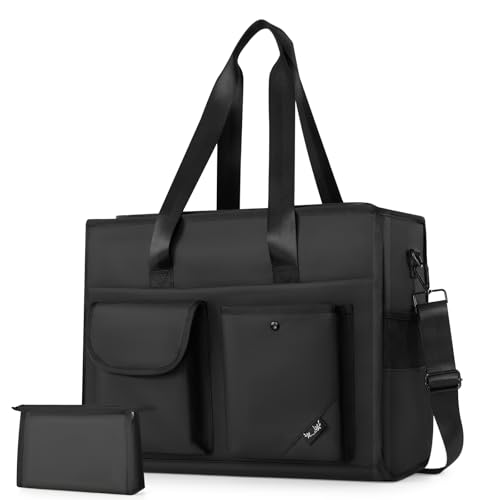 Tote Bag, Work Bags for Women with 15 Pockets, Large Tote Bag with Zipper for Teacher Nurse, Laptop Handbags for Women, Carry on Bag, Black