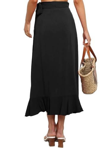 Umenlele Women's Casual Tie Waist Asymmetric Swing Ruffle Wrap Hem Flowy Mid Skirt2