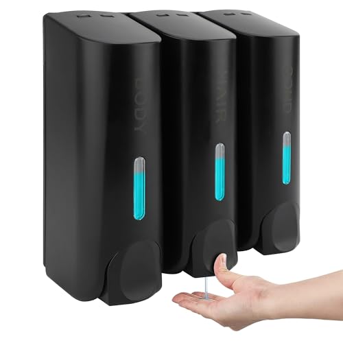 MEKOTRIN Dispenser di Sapone Liquido, Dispenser Manuale per Sapone da da 350 ml x 3, Dispenser da Parete per Disinfettante per Mani, Sapone, Shampoo e Balsamo per Bagno e Cucina, Nero
