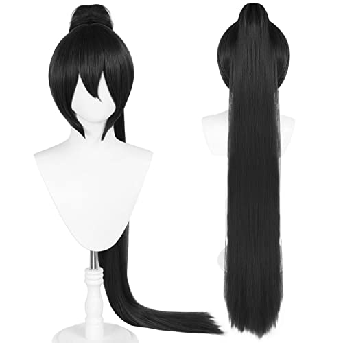 JoneTing 48 inch/122 cm Long Black Ponytail Wig +(Hair Cap) for Women Long Straight Black Ponytail Wigs for Anime Black Pigtail Cosplay Wigs for Halloween Peluca Azul Chrismas Party Wig Costume