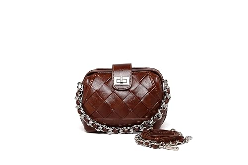 Women's Leather Quilted Chain Strap Crossbody Bag, Dark Brown Mini
