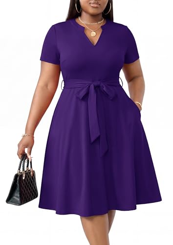 CLOCOR Plus Size Dress for Women - Casual Summer V Neck A-Line Church Cocktail Party Wedding Guest Midi Dresses with Belt Purple