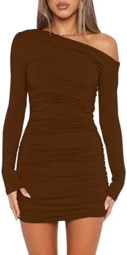 YOXUA Women's Elegant Sexy Off Shoulder Dress Long Sleeve Bodycon Ruched Formal 