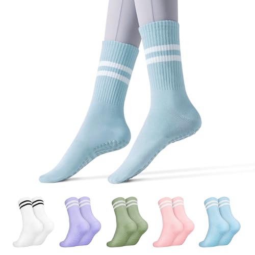 TIECHI 5 Pairs Yoga Socks for Women Mon Slip, Pilates Socks with Silicone Grips, Multicolor Grip Socks for Ballet, Gym, Hospital & daily Wear