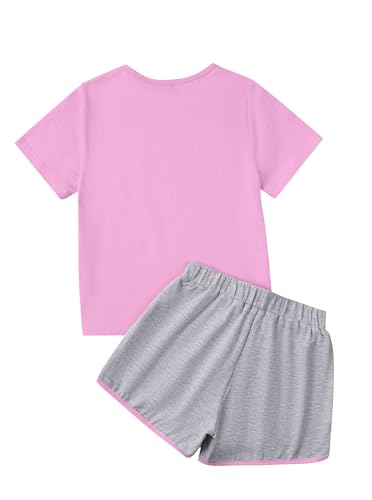 Image of Girl's 2 Piece Outfits Cute Summer T-Shirt and Graphic Shorts Clothing Sets Pink 11-12Y