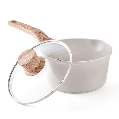 RIOVARM 18 cm Cazo Cocina Induccion Antiadherente Cacerola con tapa 2L Cazo de leche con mango ergonómico Granito Batería de cocina Sin PFOA
