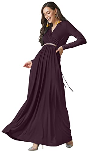 KOH KOH Plus Size Womens Long Sleeve Sleeves Kaftan V-Neck Flowy Formal Wedding Guest Fall Winter Evening Day Empire Waist Abaya Muslim Gown Gowns Maxi Dress Dresses, Maroon Wine Red XL 14-16