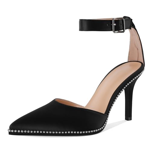 Soireelady Womens High Heels Beaded Pumps Stiletto Ankle Strap Heels Pointed Toe D'Orsay Heel Dress Shoes Satin 3.5 Inch