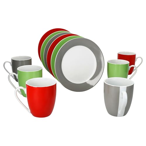 MamboCat Variant Trio 12tlg Frühstücksset I Je 6x kleine Teller & Kaffeebecher 350ml, Höhe 10,3cm für 6 Personen I Tasse, Kuchenteller I Porzellan-Geschirr für Frühstücks- & Kaffeezeit