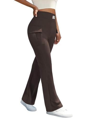 keriffe Women Workout Bootcut Yoga Pants with Pockets High Waisted Gym Flare Leggings Tummy Control Brown