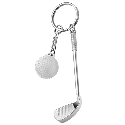 AUTOZOCO Llavero pelota y palo metálico, temático de golfista, miniatura de palo y pelota, metálico, deportivo