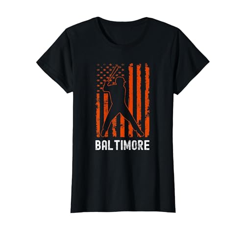 Baltimore Maryland American Flag Baseball Weathered T-Shirt, Women, Black, Large