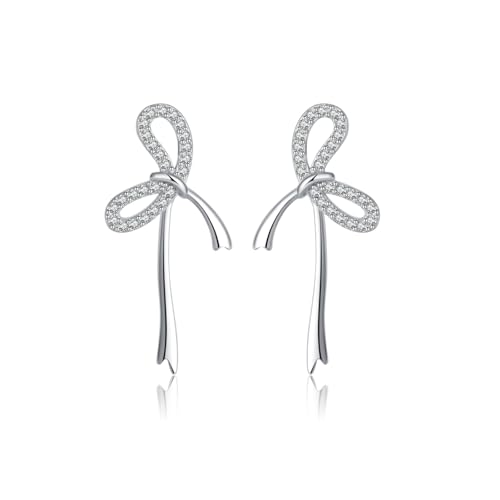 Reffeer Solid 925 Sterling Silver CZ Bow Stud Earrings for Women Teens Ribbon Stud Earrings Bowknot Drops