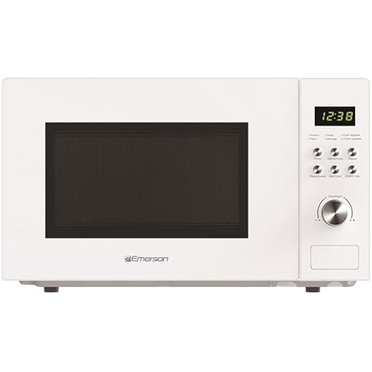 Emerson MW1101W Countertop Microwave Oven with Button Control, LED Display 1000W, 10 Power Levels, 6 Auto Menus, Glass Turntable and Child Safe Lock, 1.1 Cu. Ft., White