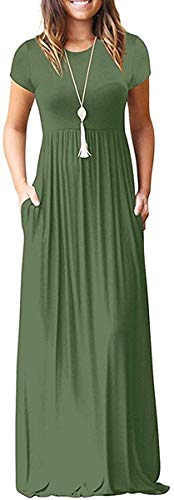 I2crazy Maxi Dresses for Women Short Sleeve Empire Waist Summer Dress Beach Cover Up Loose Long Flowy Dresses with Pockets-M,Army Green