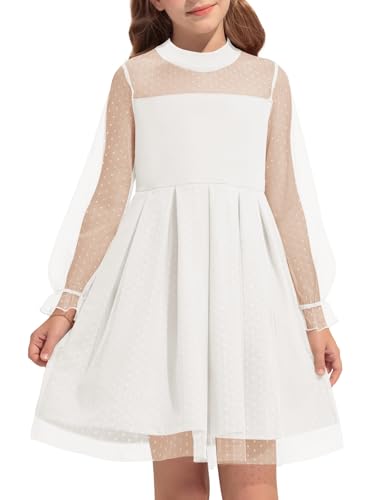 Haloumoning Girls Contrast Mesh Puff Long Sleeve Dresses Mock Neck