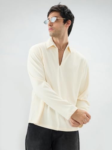 Image of VASTRADO Pastel Cream Precision Rib Striped Oversized Polo Knitted Shirt