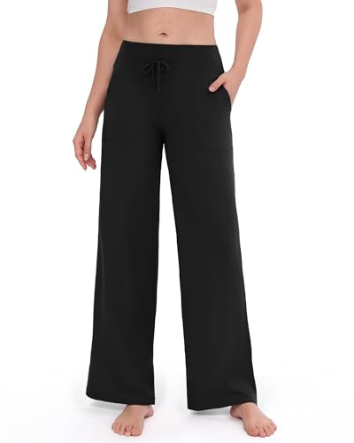 ZOOSIXX Yoga Pants Women - Wide Leg Pants Loose Casual Flowy Lounge Sweatpants High Waisted Pajamas with Pockets Black