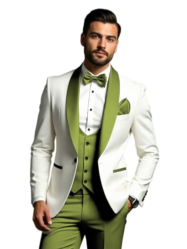 Poliprom Mens Suits 3 Piece Single Breasted Olive Green Tuxedo Suits for Men Slim Fit Wedding Formal Business Suit Single Breasted Size M