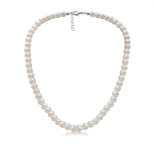 Pearl Necklace for Men, White Pearl Necklace for Women, 8MM Round Pearl Necklace, Pearl Jewelry 20' Length