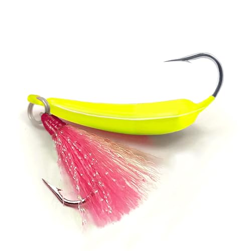 Odoor Fan 5 Pack Fishing Jig Heads Swimbait Jigs Pompano Jigs with Teaser Hooks Surf Fishing Jigs Saltwater Jig Heads Stand Up Jig High Carbon Steel OShaughnessy Hooks jigs 1/4oz Chartreuse