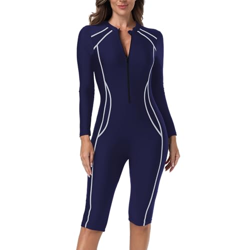 Traje de baño para mujer de una pieza Rashguard de manga larga con pierna, bañador con cremallera, traje de baño que realza la figura, una pieza con protección UV, traje de baño elástico, traje de