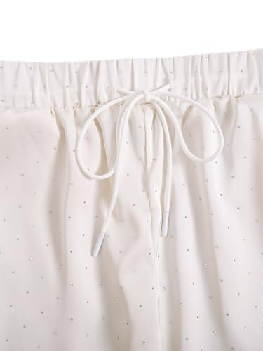 WDIRARA Women's Rhinestone Satin Pants Drawstring Waist Wide Leg Palazzo Trousers4