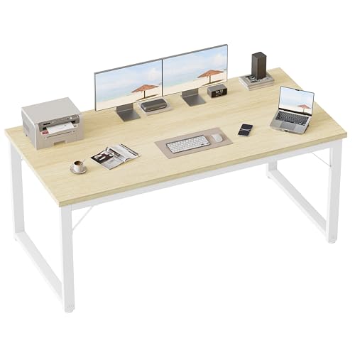 Image of Mericonia 54 Inch Computer Desk, 1 inch Thick Large Office Table, Oak | Modern Simple Style, Heavy Duty Industrial Frame, Large Study & Writing Table for Home Bedroom Work