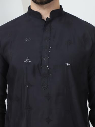 Image of SOJANYA (Since 1958 Men's Cotton Silk Sequinned Neck Embroidered Kurta with Black Pyjama