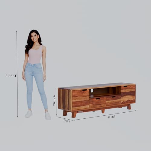 Image of DRIFTINGWOOD Regal Solid Sheesham Wood Modern TV Console for Upto 65 Inch TV, Entertainment Center with 5 Storage Compartments, Neutral Finish