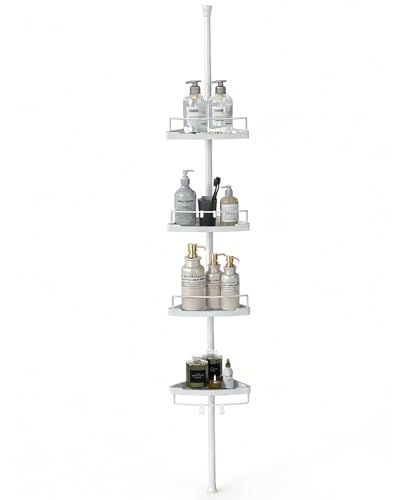 Sekey Duschregal Ohne Bohren Weiß - Duschablage Teleskop mit 4 Körben Höhenverstellbar 79-315 cm Stabiler Stand & Eck-Design für Badezimmer