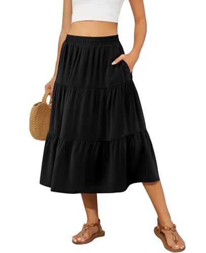 Best Swing Skirts for Boots and Sneakers 11 DouBCQ Women's Midi Skirt Elastic High Waist Casual Tiered A-Line Flowy Ruffle Skirts with Pockets Black M