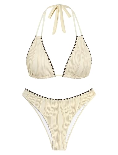 Image of ZAFUL Women Halter Dual Straps Whip Stitch Floral Triangle Bikini Swimsuits
