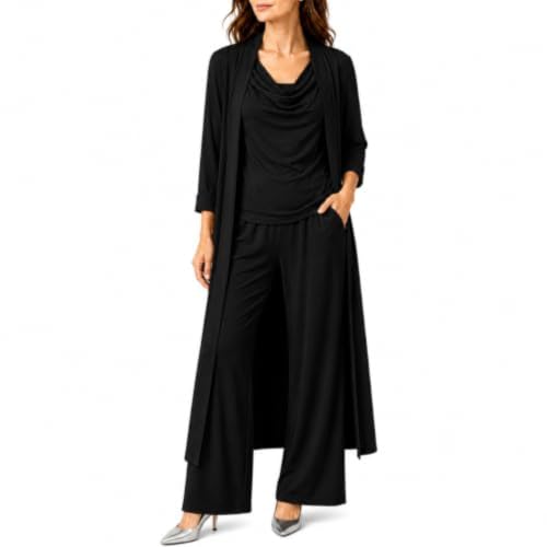 Women's 3 Piece Cowl Neck Top Cardigan Pants Set (M,Black)